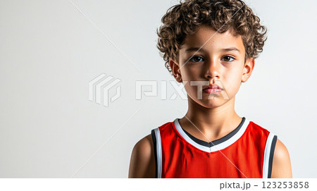 Young athlete poses in sportswear against a plain background, showcasing a focused look. The image highlights youth sports and determination. 123253858