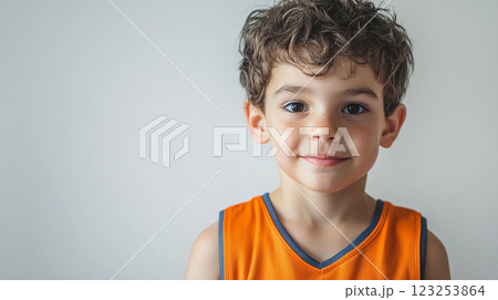Adorable young boy with curly hair, wearing an orange tank top, smiles softly against a light grey backdrop in a portrait studio shot. 123253864