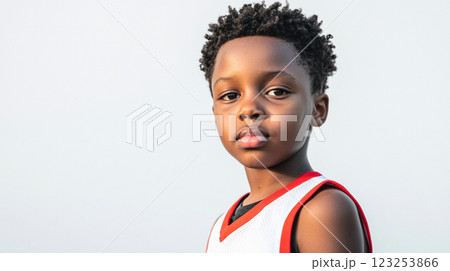 Young boy with curly hair wearing a white and red jersey with bright sky backdrop, embodying youth and sportsmanship. 123253866