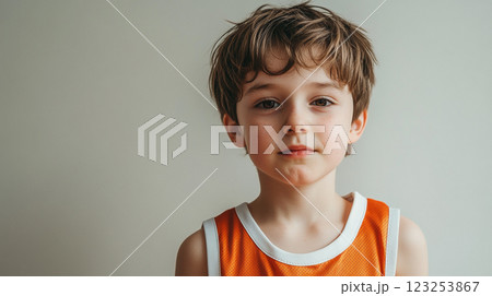 A young boy looks at the camera with a stoic expression, sporting a basketball jersey and tousled brown hair against a neutral backdrop. 123253867