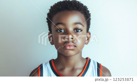 Portrait of a young boy with dark skin and curly hair, wearing a sporty jersey, against a plain background. Serious expression. Portrait of a young boy with dark skin and curly hair, wearing a sporty jersey, against a plain background. Serious expression. 123253871