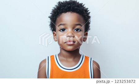 Portrait of a cute young boy with an afro hairstyle wearing an orange sleeveless top and standing against a plain wall. Portrait of a cute young boy with an afro hairstyle wearing an orange sleeveless top and standing against a plain wall. 123253872