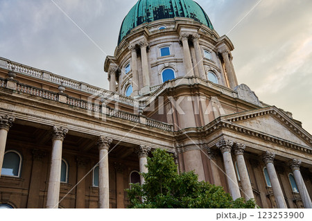 Historic Buda Castle with green dome and ornate columns in Budapest. Architectural landmark of cultural heritage in Hungary 123253900