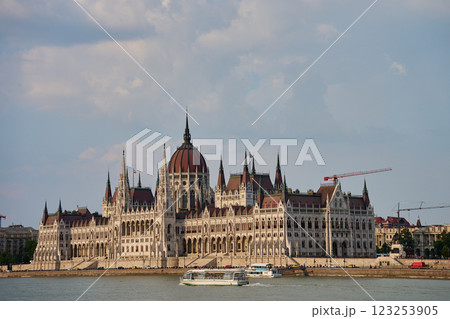 Hungarian Parliament Building in Budapest at sunset with reflection in Danube River. Neo Gothic architecture and famous landmark of Hungary 123253905