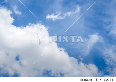 Blue sky fluffy white clouds on summer season bright clear skyline with beautiful cloudscape. Panorama blue sky clouds pattern on daylight with copy space. Cumulus cloudscape air climate sunny day Blue sky fluffy white clouds on summer season bright clear skyline with beautiful cloudscape. Panorama blue sky clouds pattern on daylight with copy space. Cumulus cloudscape air climate sunny day 123253914