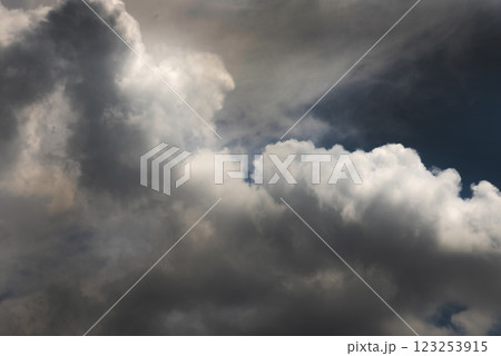Dramatic dark storm rain clouds black sky background. Dark thunderstorm clouds rainny atmosphere. Meteorology danger windstorm disasters climate. Dark cloudscape storm disaster gloomy gray cloud sky 123253915