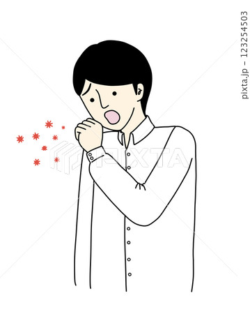 風邪をひいて咳をしている人と飛沫している菌の絵 123254503
