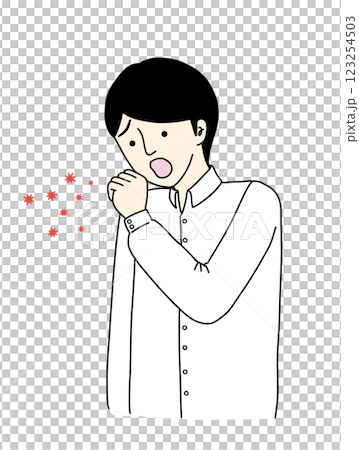 風邪をひいて咳をしている人と飛沫している菌の絵 123254503