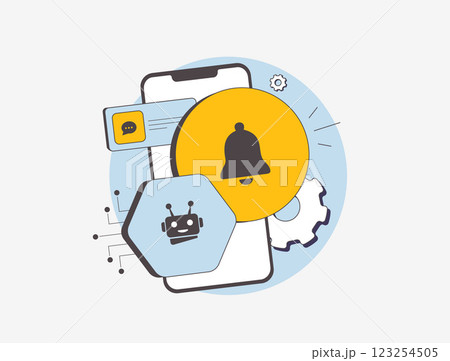 AI-powered mobile notifications - personalized messages that use machine learning to improve user engagement. Ai custom push notification flat design vector illustration with icons 123254505