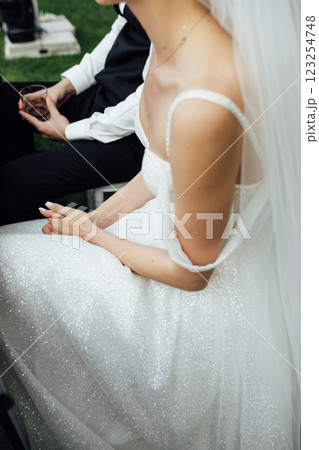 Cute bride couple spend time together after the wedding ceremony 123254748