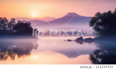 Sunrise Over a Misty Lake with Reflections of Trees and Mountains 123254783