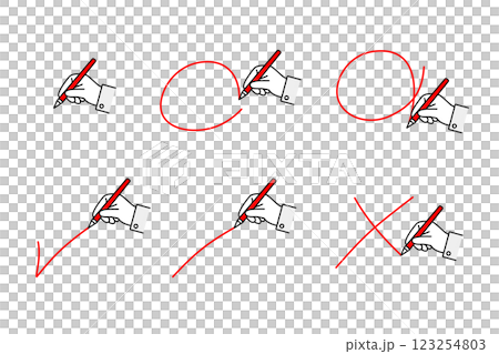 可用於商業場合和評分測試的材料 - 畫紅色圓圈和十字的人的手 123254803