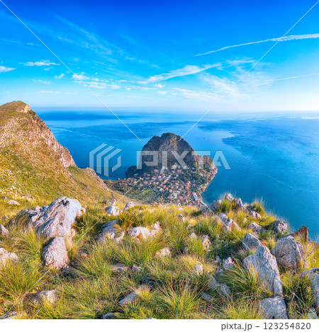 Amazing view of Santa Flavia town with cape Zafferano and national park Orientata Pizzo Cane. Amazing view of Santa Flavia town with cape Zafferano and national park Orientata Pizzo Cane. 123254820