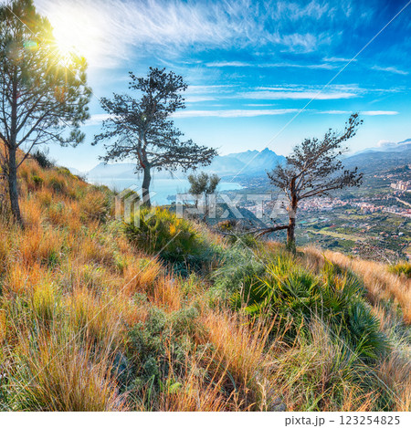 Amazing view of Porticello and Santa Flavia towns and national park Orientata Pizzo Cane 123254825