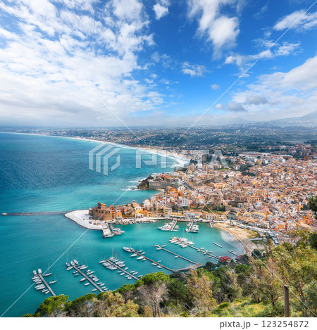 Spectacular aerial cityscape of Castellammare del Golfo town 123254872