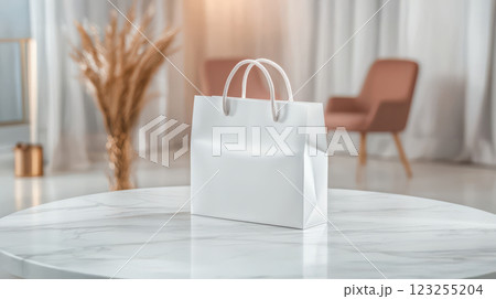 Elegant white shopping bag on marble table in stylish interior 123255204