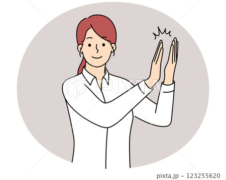 Smiling woman clap hands showing appreciation Smiling woman clap hands showing appreciation 123255620
