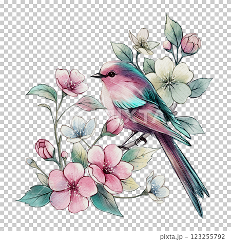 Watercolor bird on a blooming branch Watercolor bird on a blooming branch 123255792