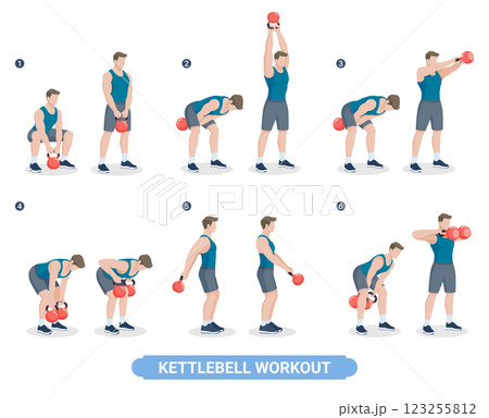 Kettlebell exercise workouts for men vector illustration. 123255812
