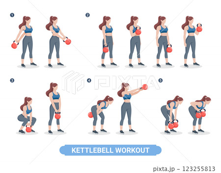 Kettlebell exercise workouts for women vector illustration. 123255813