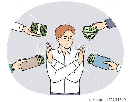 Man refuses monetary bribes by crossing arms and not wanting to participate in illegal transactions 123255849