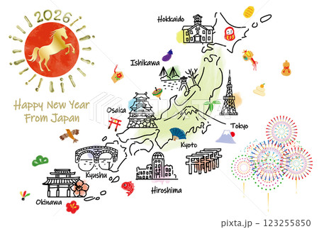 日本の観光地のイラストマップ年賀状2026年 日本の観光地のイラストマップ年賀状2026年 123255850