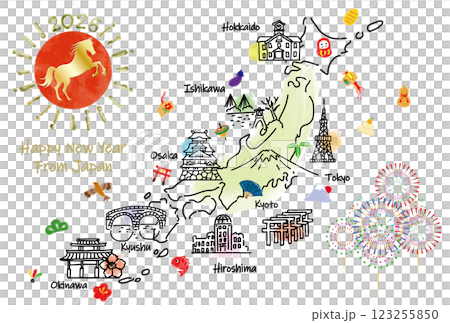 日本の観光地のイラストマップ年賀状2026年 日本の観光地のイラストマップ年賀状2026年 123255850