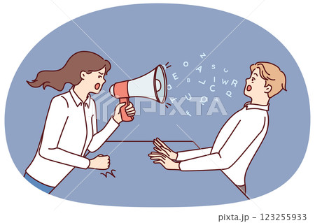 Woman boss yells at subordinate through megaphone and gets angry because of refusal to follow order Woman boss yells at subordinate through megaphone and gets angry because of refusal to follow order 123255933