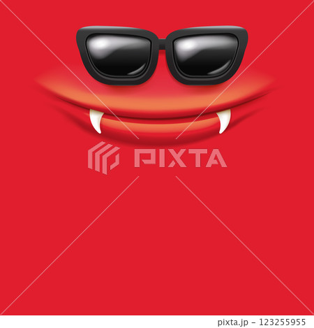 Vector Cartoon red monster face with black vintage sunglasses, open mouth, fangs. Monster banner,sticker,poster, background, label. Vector monster Vector Cartoon red monster face with black vintage sunglasses, open mouth, fangs. Monster banner,sticker,poster, background, label. Vector monster 123255955