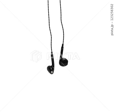 Black wired headphones isolated on white background. Modern gadgets for communication Black wired headphones isolated on white background. Modern gadgets for communication 123256302