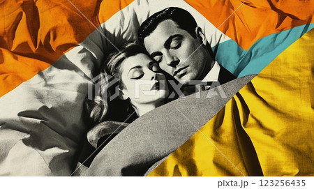 man and woman lying in bed. Retro style romantic couple. Male and female sleeping creative collage illustration 123256435