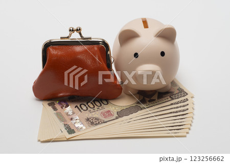 新紙幣の一万円と貯金箱とがま口財布 123256662