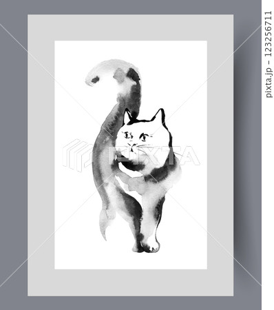 Fluffy cat walks with tail raised, looking for owner or kittens on wall art. Watercolor artwork 123256711