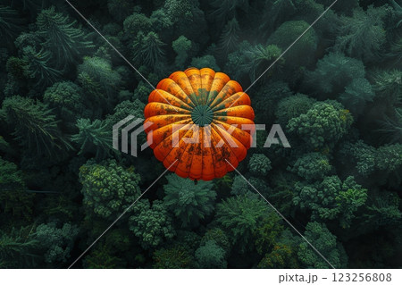 Large orange balloon is floating in the air above a forest. Aerial view 123256808