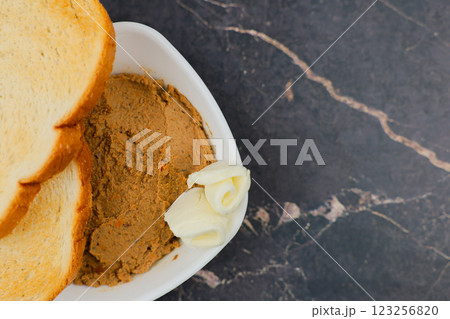 Close-up of a white plate with liver pate and slices of butter, wheat bread toast on top on a dark background with space for text. The concept of snacking, wholesome and healthy food. High quality Close-up of a white plate with liver pate and slices of butter, wheat bread toast on top on a dark background with space for text. The concept of snacking, wholesome and healthy food. High quality 123256820