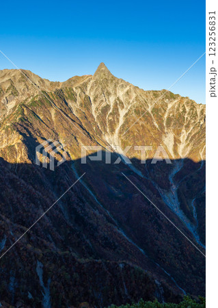 喜作新道から見るモルゲンロートの槍ヶ岳　北アルプス表銀座縦走の槍ヶ岳登山 123256831