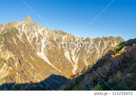 喜作新道のヒュッテ西岳から見上げる北鎌尾根と槍ヶ岳　北アルプス表銀座縦走の槍ヶ岳登山 123256855