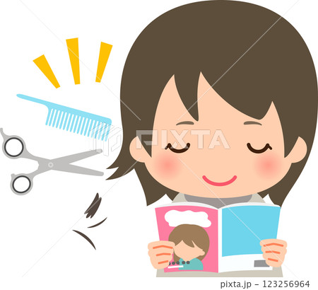 髪を切ってもらう間に雑誌を読む女性 123256964