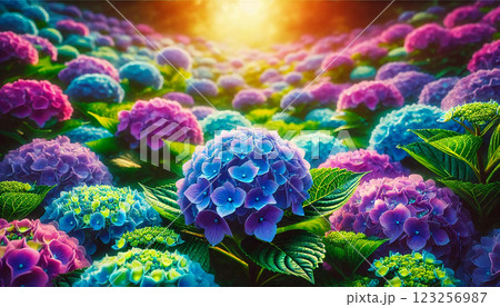 色鮮やかな紫陽花が咲き誇る幻想的な風景 123256987