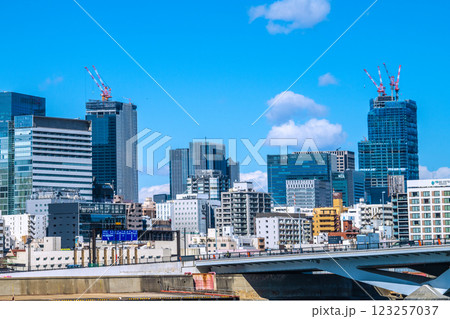日本の東京都市景 日本橋や築地大橋(手前)などを望む。クレーンが並ぶ巨大な再開発ビル(右奥)が見える 日本の東京都市景 日本橋や築地大橋(手前)などを望む。クレーンが並ぶ巨大な再開発ビル(右奥)が見える 123257037