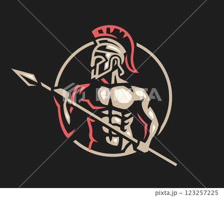 Spartan warrior with helmet and spear on a dark background. Spartan warrior with helmet and spear on a dark background. 123257225