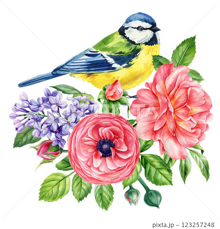 watercolor garden bird and floral bouquet, delicate hand painted nature composition, spring wildflowers cute songbirds 123257248