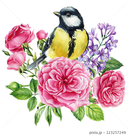 vintage watercolor bird floral arrangement, hand painted nature art, delicate songbirds with roses wildflowers on white vintage watercolor bird floral arrangement, hand painted nature art, delicate songbirds with roses wildflowers on white 123257249
