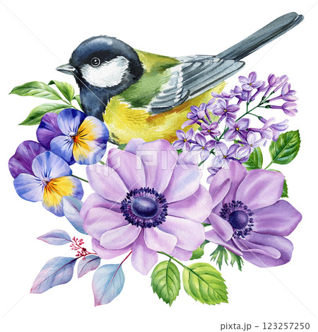 spring birds, blooming flowers watercolor hand drawn nature composition, garden illustration greeting card and decor 123257250