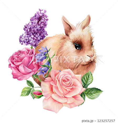 adorable rabbit with flowers, watercolor bunny artwork, hand painted spring animal, fluffy hare wildlife illustration adorable rabbit with flowers, watercolor bunny artwork, hand painted spring animal, fluffy hare wildlife illustration 123257257