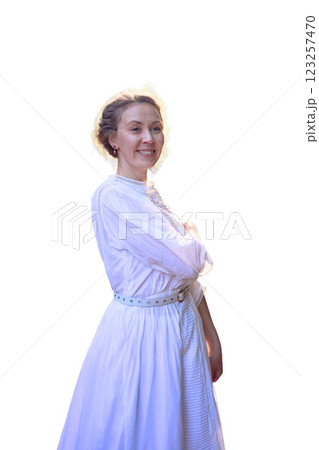 a  elegant middle aged woman in a white vintage wedding dress isolated, png, 123257470