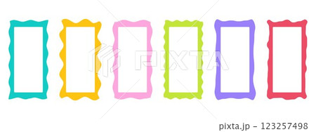 Rectangular colored retro frames with squiggly, zigzag wavy edges. Vector cute borders for photos, labels, stamps isolated on white background 123257498
