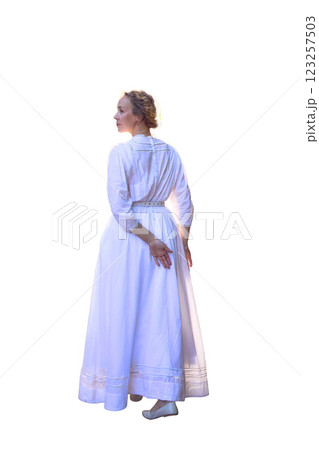 a elegant middle aged woman in a white vintage wedding dress isolated, png, a elegant middle aged woman in a white vintage wedding dress isolated, png, 123257503