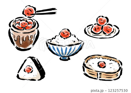梅干し 壺・皿・ごはん・おにぎり・日の丸弁当 筆タッチ手描きイラスト 梅干し 壺・皿・ごはん・おにぎり・日の丸弁当 筆タッチ手描きイラスト 123257530