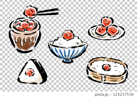 梅干し 壺・皿・ごはん・おにぎり・日の丸弁当 筆タッチ手描きイラスト 梅干し 壺・皿・ごはん・おにぎり・日の丸弁当 筆タッチ手描きイラスト 123257530